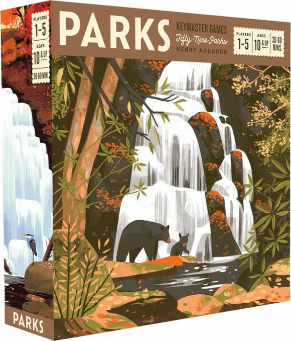 The game 'Parks' by Keymaster Games features a beautifully illustrated box cover depicting a serene natural landscape with a waterfall, bears by a river, and vibrant autumn foliage. Ideal for 1-5 players, ages 10 and up, with a playtime of 30-60 minutes. The artwork captures the essence of outdoor adventure and exploration.