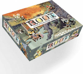Root board game box featuring vibrant artwork with various animal characters navigating a woodland setting. The game is promoted as a strategic adventure of woodland might and right, suitable for players who enjoy tactical gameplay and immersive storytelling.
