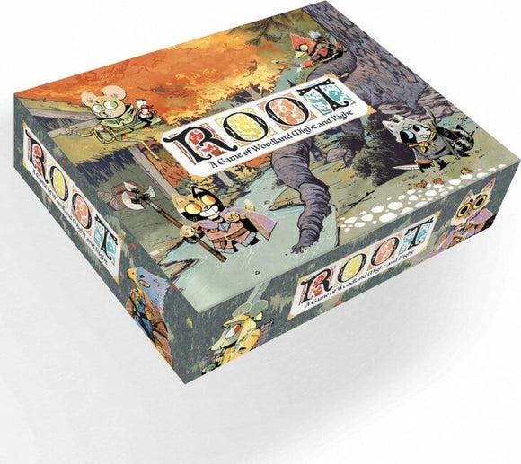 Root board game box featuring vibrant artwork with various animal characters navigating a woodland setting. The game is promoted as a strategic adventure of woodland might and right, suitable for players who enjoy tactical gameplay and immersive storytelling.