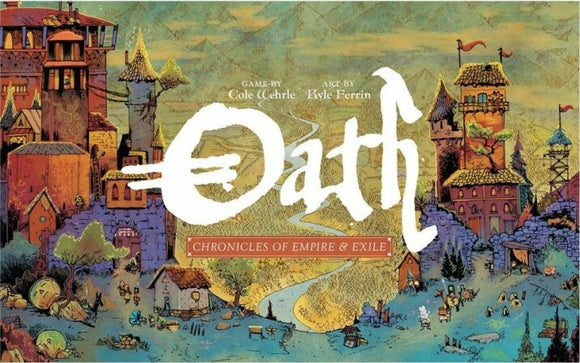 Oath: Chronicles of Empire & Exile board game by Leder Games. The cover features a colorful illustration of a fantasy landscape with castles, hills, and characters, showcasing the artistic style of Kyle Ferrin. The title 'Oath' is prominently displayed in a whimsical font, reflecting the game's theme of strategy and adventure.