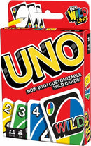 A vibrant red UNO card game box featuring the bold logo and a display of player cards, including a wild card with colorful designs. This classic family game is suitable for 2 to 10 players aged 7 and up, now with customizable wild cards for added excitement.