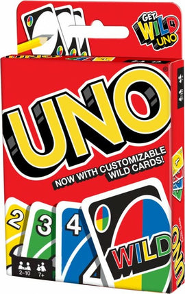 A vibrant red UNO card game box featuring the bold logo and a display of player cards, including a wild card with colorful designs. This classic family game is suitable for 2 to 10 players aged 7 and up, now with customizable wild cards for added excitement.