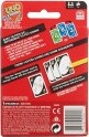Back of the UNO card game package by Mattel, featuring colorful graphics, game rules, and illustrations of the cards. The package is predominantly red, showcasing the iconic UNO logo and instructions for gameplay.