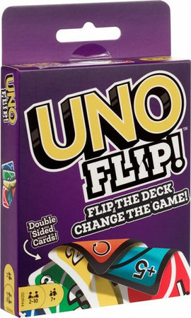 UNO Flip card game by Harbro featuring vibrant packaging. The box displays the title 'UNO Flip!' prominently with colorful cards peeking from the side. It emphasizes the game's unique feature of double-sided cards, perfect for family fun with 2-10 players aged 7 and up.