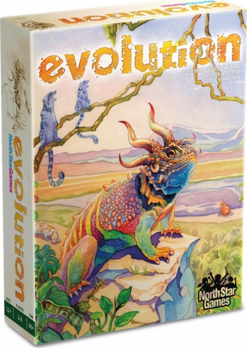 The Evolution game by North Star Games features an intricately illustrated box cover showing a colorful dinosaur-like creature on a rocky landscape, surrounded by smaller animals. The vibrant artwork emphasizes themes of adaptation and strategy, inviting players to explore the dynamics of evolution in a fun and engaging way.