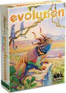 The Evolution game by North Star Games features an intricately illustrated box cover showing a colorful dinosaur-like creature on a rocky landscape, surrounded by smaller animals. The vibrant artwork emphasizes themes of adaptation and strategy, inviting players to explore the dynamics of evolution in a fun and engaging way.
