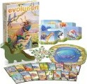 The game 'Evolution' by North Star Games, featuring beautifully illustrated cards representing various evolving species, a colorful game board illustrating a prehistoric ecosystem, and a container shaped like a dinosaur for holding game components. The box cover displays vibrant artwork depicting a lush environment filled with different animals adapting to their surroundings, making it visually appealing for players.