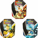 PKM TGC: Eevee Evolution Tin featuring three collectible tins showcasing Eevee's evolutions: Flareon, Jolteon, and Vaporeon. Each tin displays vibrant artwork of the Pokémon along with their respective stats and characteristics, ideal for Pokémon card collectors and players.