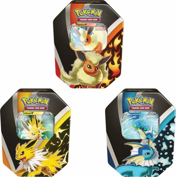 PKM TGC: Eevee Evolution Tin featuring three collectible tins showcasing Eevee's evolutions: Flareon, Jolteon, and Vaporeon. Each tin displays vibrant artwork of the Pokémon along with their respective stats and characteristics, ideal for Pokémon card collectors and players.