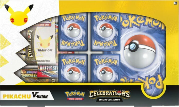 PKM Celebrations Pikachu V Union game kit from Pokémon USA featuring colorful Pikachu graphics, multiple trading cards, and a Poké Ball design. Ideal for Pokémon enthusiasts and collectors, suitable for ages 6 and up.