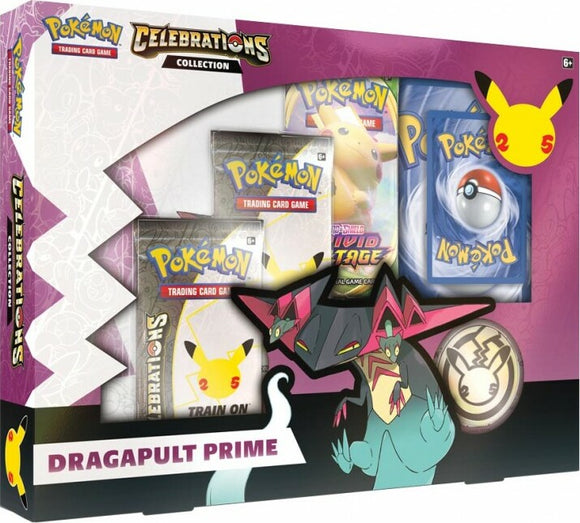 PKM Celebrations Dragapult Prime collection featuring various Pokémon trading card game packs, including Pikachu and Dragapult imagery. Ideal for Pokémon fans and collectors.