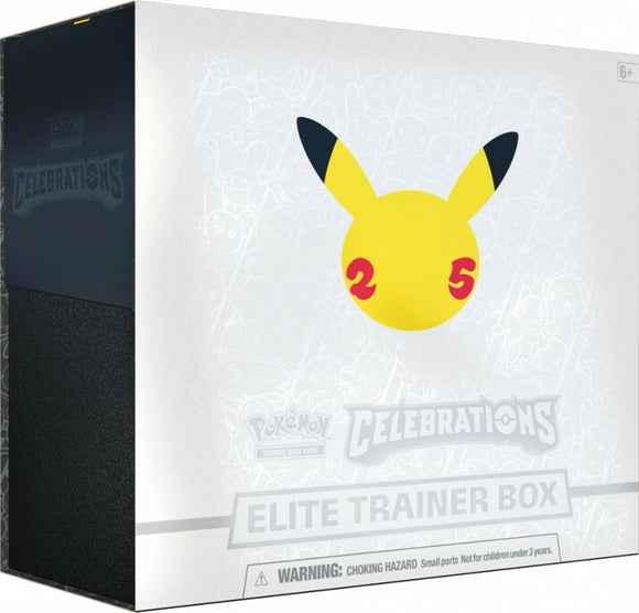 PKM: Celebrations ETB is a vibrant Elite Trainer Box featuring a large, cheerful Pikachu design with the number '25' on its cheeks. The box is designed for Pokémon Trading Card Game fans and includes various game components to enhance your gameplay experience.