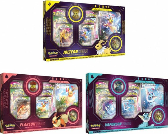 A vibrant display of the PKM Eevee Evolution VMax Premium collection, showcasing three sets featuring Jolteon, Flareon, and Vaporeon. Each pack includes collectible cards and features colorful artwork of the Pokémon, making it a must-have for fans and collectors.