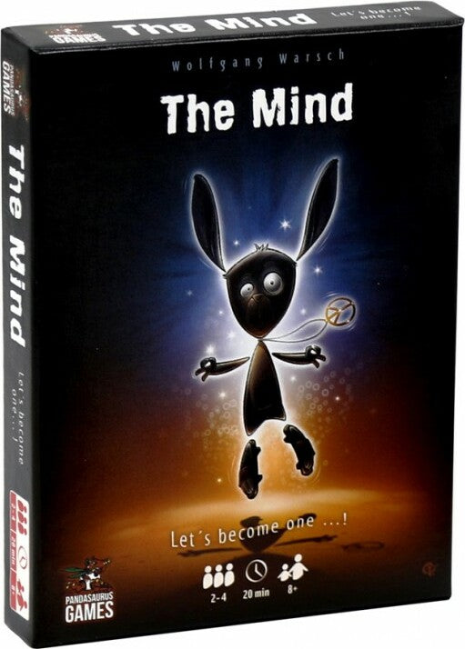 The Mind game box by Pandasaurus featuring a whimsical character with large ears and a playful expression, surrounded by a glowing background. The title, 'The Mind,' is prominent on the front, along with a tagline 'Let's become one ... !'. Designed for 2-4 players, suitable for ages 8 and up, with a playtime of 20 minutes.