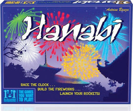 Hanabi board game box by R&R Games featuring vibrant fireworks against a night sky backdrop. The title 'Hanabi' is prominently displayed in white lettering. The box emphasizes gameplay elements with phrases like 'Race the clock...', 'Build the fireworks...', and 'Launch your rockets!'.