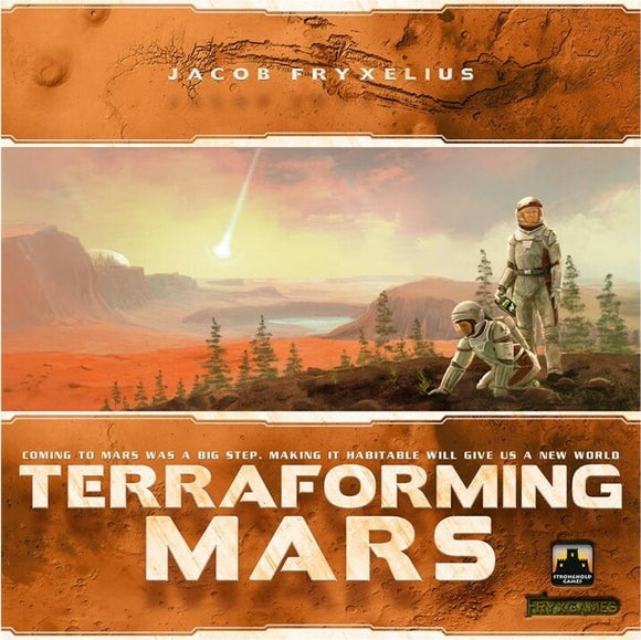 Cover of the game 'Terraforming Mars' by Stronghold Games. The artwork features two astronauts in a Martian landscape, with one planting vegetation. A comet streaks through the orange sky, signifying exploration and innovation in colonizing Mars.