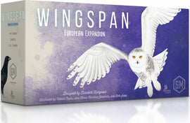 The Wingspan European Expansion box features an intricate illustration of a white owl in flight against a purple backdrop. The box includes the title 'Wingspan European Expansion' prominently displayed, along with details about its designers and illustrators at the bottom. This expansion set enhances the original Wingspan game, focusing on European bird species.