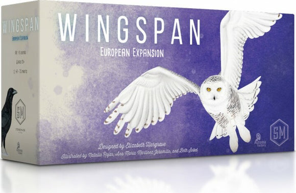 The Wingspan European Expansion box features an intricate illustration of a white owl in flight against a purple backdrop. The box includes the title 'Wingspan European Expansion' prominently displayed, along with details about its designers and illustrators at the bottom. This expansion set enhances the original Wingspan game, focusing on European bird species.