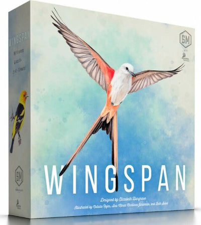 Wingspan board game by Stonemaier Games. The box features vibrant illustrations of birds in flight against a watercolor background. Designed by Elizabeth Hargrave.