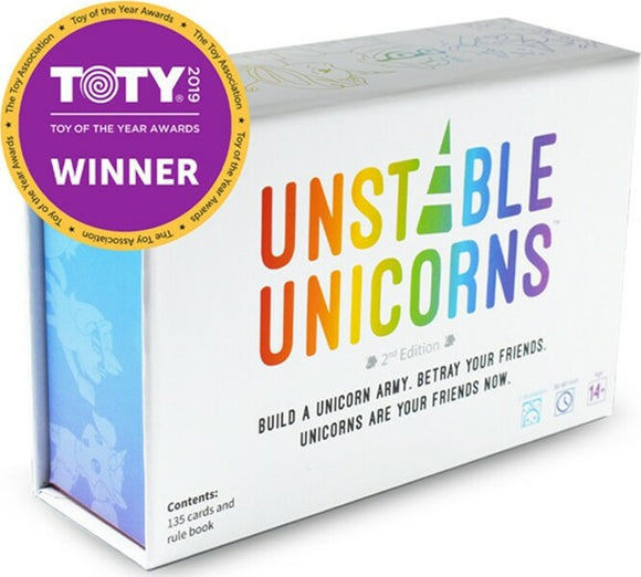 The packaging of Unstable Unicorns, a colorful board game by Teeturtle. The box features vibrant rainbow text on a white background, stating 'Unstable Unicorns' and '2nd Edition.' A 'Toy of the Year Awards 2019 Winner' seal is prominently displayed on the left side. The game includes 135 cards and a rule book, with a playful tagline: 'Build a unicorn army, betray your friends. Unicorns are your friends now.'