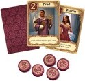 Love Letter game by Z-Man Games, featuring beautifully illustrated character cards and tokens. The game offers a strategic experience for 2 to 4 players, focusing on deduction and deceit. The card designs are ornate, showcasing a rich red and gold color palette, perfect for lovers of strategy and fun.