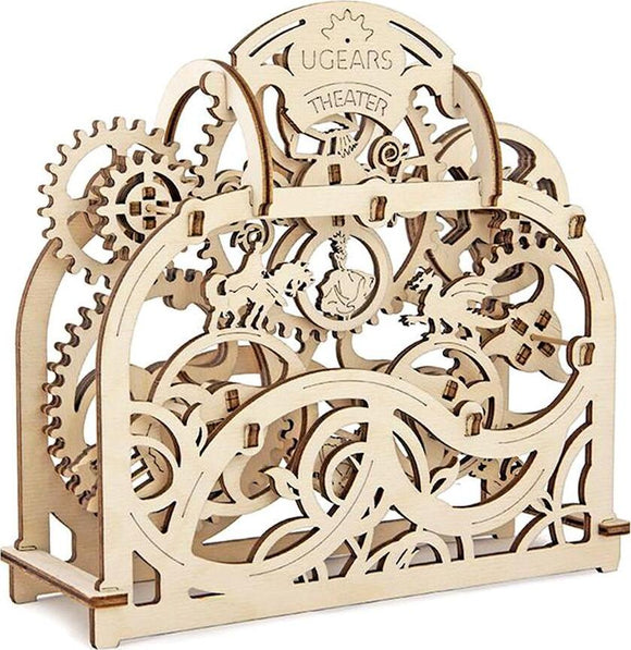UGears 3D Theater DIY kit featuring intricate wooden gears and theatrical designs, showcasing creativity with a mechanical puzzle aesthetic. Ideal for hobbyists and puzzle enthusiasts.