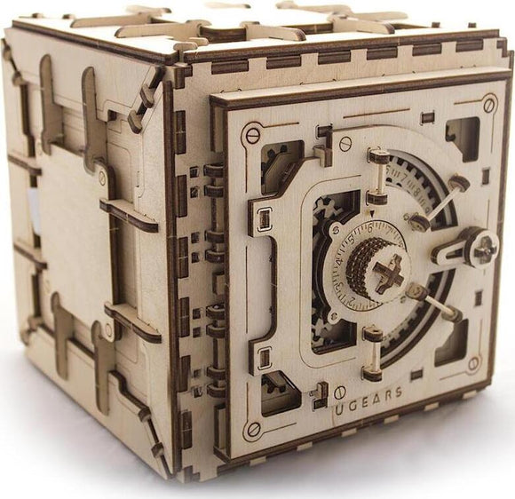 The UGears 3D Safe is an intricate DIY kit made from high-quality wood, featuring detailed mechanical components such as gears and a lock mechanism. The design showcases precision craftsmanship and is suitable for puzzle enthusiasts who enjoy hands-on building. The finished safe exhibits a charming vintage aesthetic, perfect for display or as a functional decorative piece.