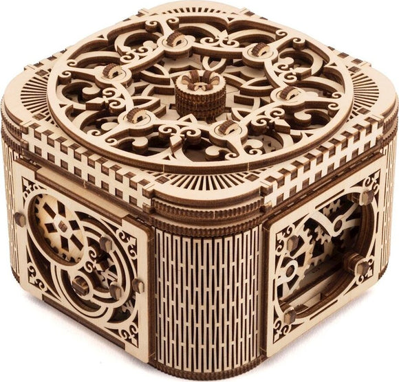 A beautifully crafted UGears 3D Treasure Box DIY kit made of natural wood. The box features intricate laser-cut designs and an elegant, vintage aesthetic. It is a mesmerizing piece that combines art with mechanical engineering, showcasing precision craftsmanship. Ideal for collectors and DIY enthusiasts, this mechanical puzzle serves both as a decorative item and a functional treasure box.