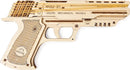 The UGears 3D Wolf-01 Handgun is a detailed DIY mechanical model made from high-quality wood. The model features intricate engravings and design elements, showcasing the craftsmanship. It includes a functional mechanism with rubber bands for movement, perfect for hobbyists and model enthusiasts.