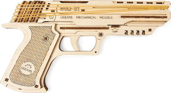 The UGears 3D Wolf-01 Handgun is a detailed DIY mechanical model made from high-quality wood. The model features intricate engravings and design elements, showcasing the craftsmanship. It includes a functional mechanism with rubber bands for movement, perfect for hobbyists and model enthusiasts.