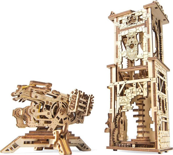 The UGears 3D Archballista-Tower DIY kit features a beautifully detailed mechanical structure made from natural wood. The set includes an intricate tower with a working archballista designed for precision shooting. Both the ballista and tower exhibit elaborate laser-cut designs that highlight the functionality and creativity of this engaging model. Ideal for DIY enthusiasts and mechanical puzzle lovers.