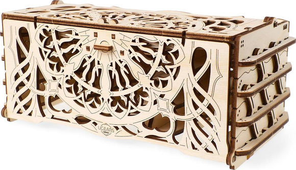 UGears 3D Card Holder, a beautifully crafted wooden DIY kit featuring intricate laser-cut designs. Perfect for organizing cards, with a functional drawer and elegant detailing.