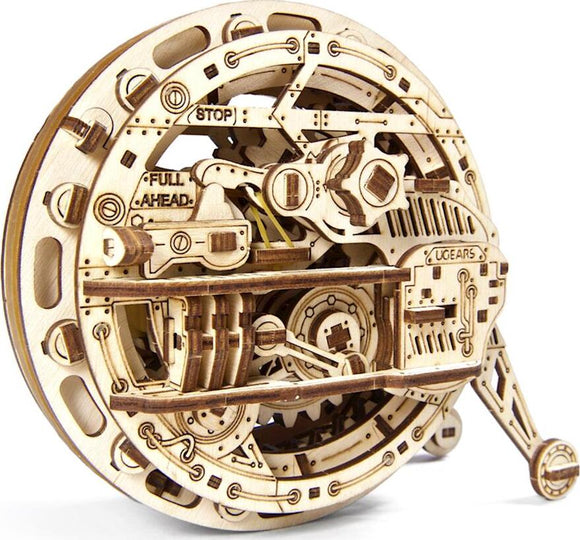 A detailed wooden DIY model of a monowheel designed by UGears 3D. The intricate mechanical components are visible, showcasing gears and levers, highlighting its unique design. This model provides an engaging building experience for hobbyists and enthusiasts.