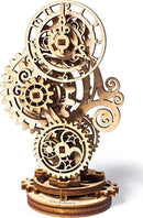 A beautifully crafted wooden 3D model of a steampunk clock with intricate gears and clock face. The design features an elegant mix of gears and ornate detailing, showcasing the craftsmanship of UGears 3D.