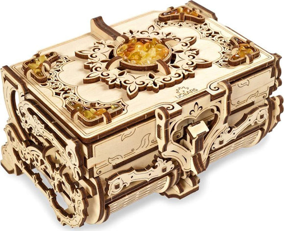 UGears 3D Amber Box is a beautifully designed DIY mechanical puzzle made of natural wood. It features intricate floral patterns and an elegant amber inlay, perfect for decorative storage.