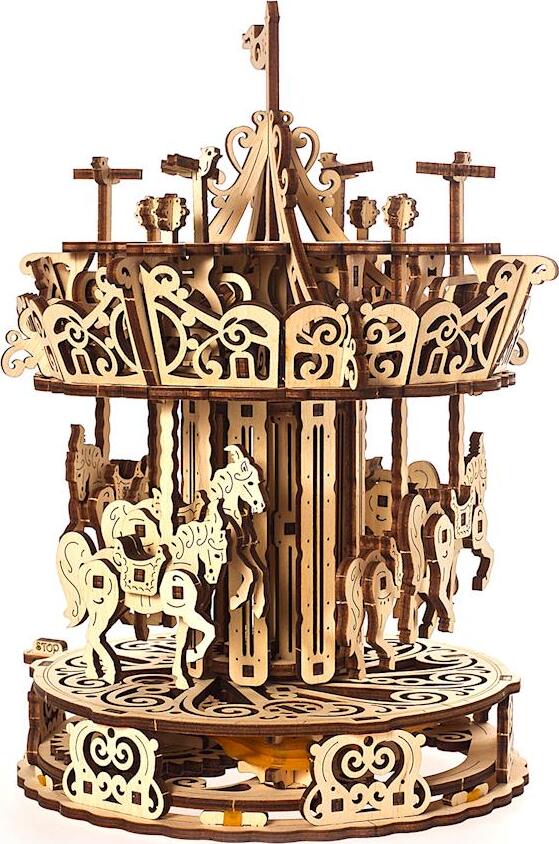 Ugears 3D Carousel DIY kit featuring intricately designed wooden carousel with rotating horses. Perfect for creative minds and hands-on fun.
