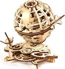 A beautifully crafted wooden globe model by UGears 3D, featuring intricate gears and mechanisms. The globe is partially see-through, showing the continents delicately carved into the wood, and is mounted on a base with additional mechanical elements, making it a captivating DIY kit for hobbyists and puzzle enthusiasts.
