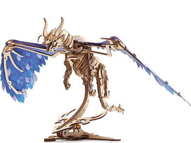 The UGears 3D Windstorm Dragon is a detailed mechanical DIY kit featuring an intricately designed dragon with a skeletal frame and colorful blue wings. This model showcases moving parts and a captivating design, perfect for both display and play.