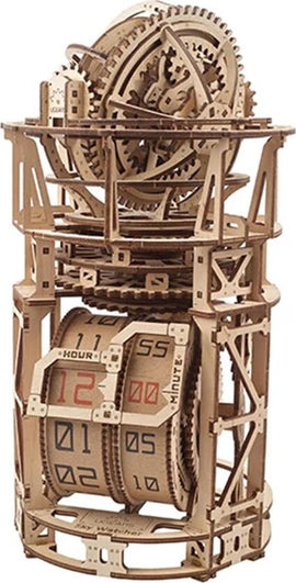 The UGears 3D Sky Watchtower Tourbillion Table Clock is a stunning wooden DIY kit that features intricate gears and mechanisms. It showcases a unique design resembling a watchtower with rotating components and visible clockwork, combining art and engineering for a captivating visual experience. This mechanical model clock requires assembly and offers a hands-on learning opportunity.