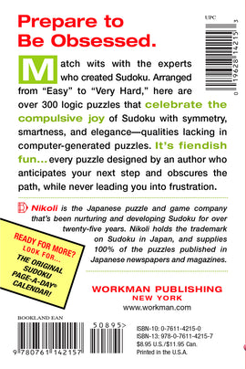 The Original Sudoku by Workman Publishing Co. features over 300 Sudoku puzzles ranging from easy to very hard, designed to challenge and engage puzzle enthusiasts. The back cover highlights its unique qualities such as symmetry and elegance, making it a delightful choice for Sudoku lovers.