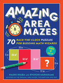 Cover of 'Amazing Area Mazes' featuring bold text and a stopwatch graphic. It states '70 race-the-clock puzzles for budding math wizards, ages 8 and up'. Includes a visual of maze-like shapes with dimensions indicated.
