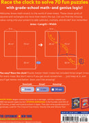 The back cover of 'Amazing Area Mazes' featuring a vibrant orange background. It invites users to race against the clock to solve 70 math puzzles involving areas of squares and rectangles. The layout includes visual examples and a note about the puzzles created by Naoki Inaba, emphasizing fun and skill-building in grade-school math. Encouragement is given with ratings for solving times: Good job, Great, Amazing!