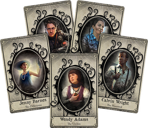 Arkham Horror (Third Edition) game components featuring character cards, including Jenny Barnes, Wendy Adams, Calvin Wright, and others, set in a mysterious and atmospheric design.