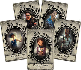 Arkham Horror (Third Edition) game components featuring character cards, including Jenny Barnes, Wendy Adams, Calvin Wright, and others, set in a mysterious and atmospheric design.