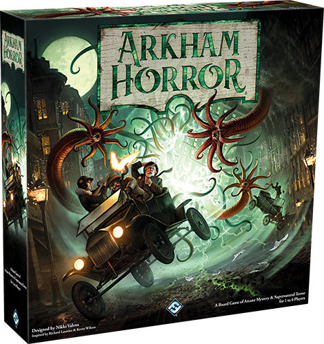 The box art of Arkham Horror (Third Edition) by Fantasy Flight Games, featuring a thrilling scene with a vintage car driven by characters escaping a monstrous creature in a dark, haunted city. The title 'Arkham Horror' is prominently displayed at the top, emphasizing the game's theme of mystery and supernatural horror.