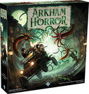 The box art of Arkham Horror (Third Edition) by Fantasy Flight Games, featuring a thrilling scene with a vintage car driven by characters escaping a monstrous creature in a dark, haunted city. The title 'Arkham Horror' is prominently displayed at the top, emphasizing the game's theme of mystery and supernatural horror.