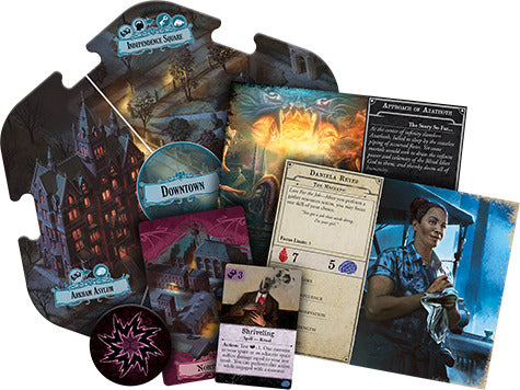 The Arkham Horror (Third Edition) board game by Fantasy Flight Games displays an array of components including character cards, a game board displaying downtown Arkham, player tokens, and threat cards. The artwork features eerie and atmospheric illustrations, enhancing the game's horror theme.