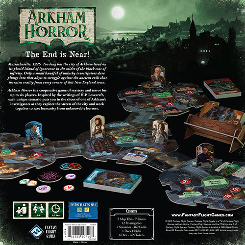 Arkham Horror (Third Edition) board game from Fantasy Flight Games. The box back showcases various game components including character tokens, location cards, and a richly illustrated setting. It features the tagline 'The End is Near!' highlighting its cooperative gameplay where players work together to fend off monstrous threats in a haunted city. The artwork evokes a spooky atmosphere with the silhouette of a gothic cityscape in the background, enticing players into a world of mystery and horror.