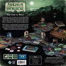 Arkham Horror (Third Edition) board game from Fantasy Flight Games. The box back showcases various game components including character tokens, location cards, and a richly illustrated setting. It features the tagline 'The End is Near!' highlighting its cooperative gameplay where players work together to fend off monstrous threats in a haunted city. The artwork evokes a spooky atmosphere with the silhouette of a gothic cityscape in the background, enticing players into a world of mystery and horror.