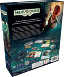 The back of the Arkham Horror: The Card Game box by Fantasy Flight Games. The design features eerie artwork and a quote about fear. It shows game mechanics, character images, and components including tokens and cards. The game supports 1 to 4 players and emphasizes cooperative gameplay in a mysterious setting, inviting players to explore engaging narratives as they face eerie challenges.